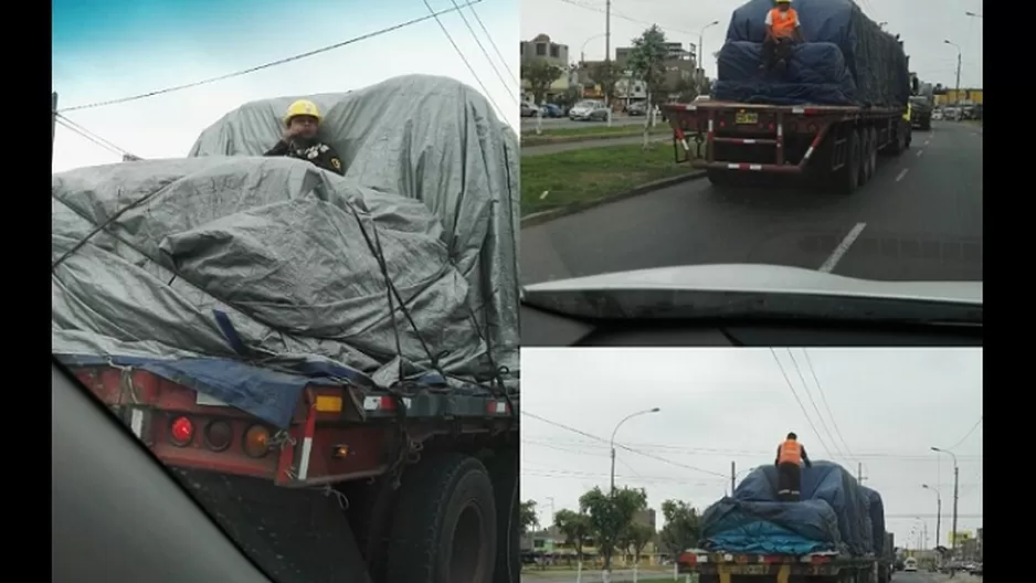 Trabajador arriesga su vida al viajar sobre tráiler / Foto: @teddy030382 