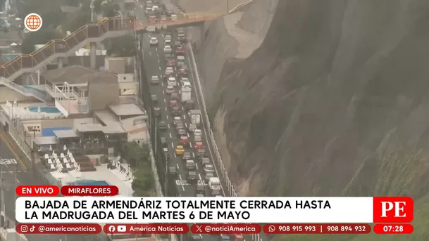 Tráfico intenso en la Costa Verde por cierre de la bajada de Armendáriz en Miraflores. Foto: América Noticias Tráfico intenso en la Costa Verde por cierre de la bajada de Armendáriz en Miraflores. Foto: América Noticias