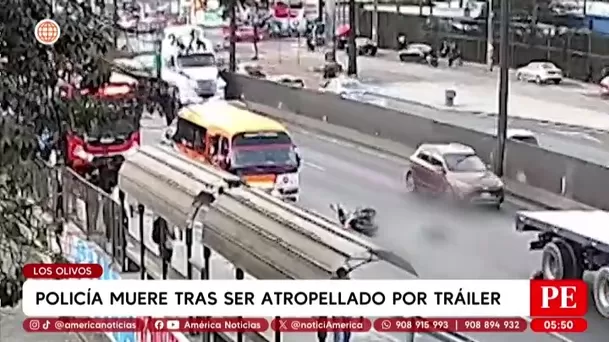 Tráiler atropella y mata a policía que iba en moto en Los Olivos. Foto: América Noticias