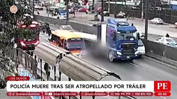 Tráiler atropella y mata a policía que iba en moto en Los Olivos. Foto: América Noticias