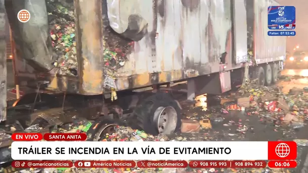 Tráiler cargado de golosinas se incendia en la Vía de Evitamiento en Santa Anita. Foto: América Noticias