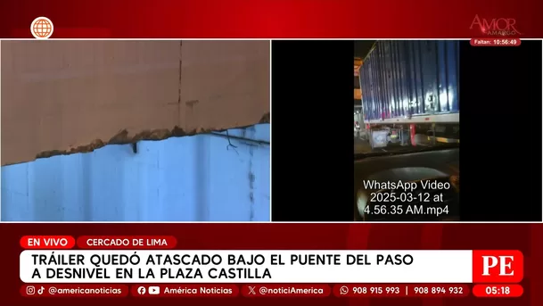 Tráiler quedó atascado en puente en el Cercado de Lima. Foto: América Noticias Tráiler quedó atascado en puente en el Cercado de Lima. Foto: América Noticias