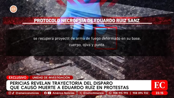 Pericias revelan trayectoria del disparo que causó muerte de Eduardo Ruíz en protestas. Foto: Unidad de investigación Pericias revelan trayectoria del disparo que causó muerte de Eduardo Ruíz en protestas. Foto: Unidad de investigación