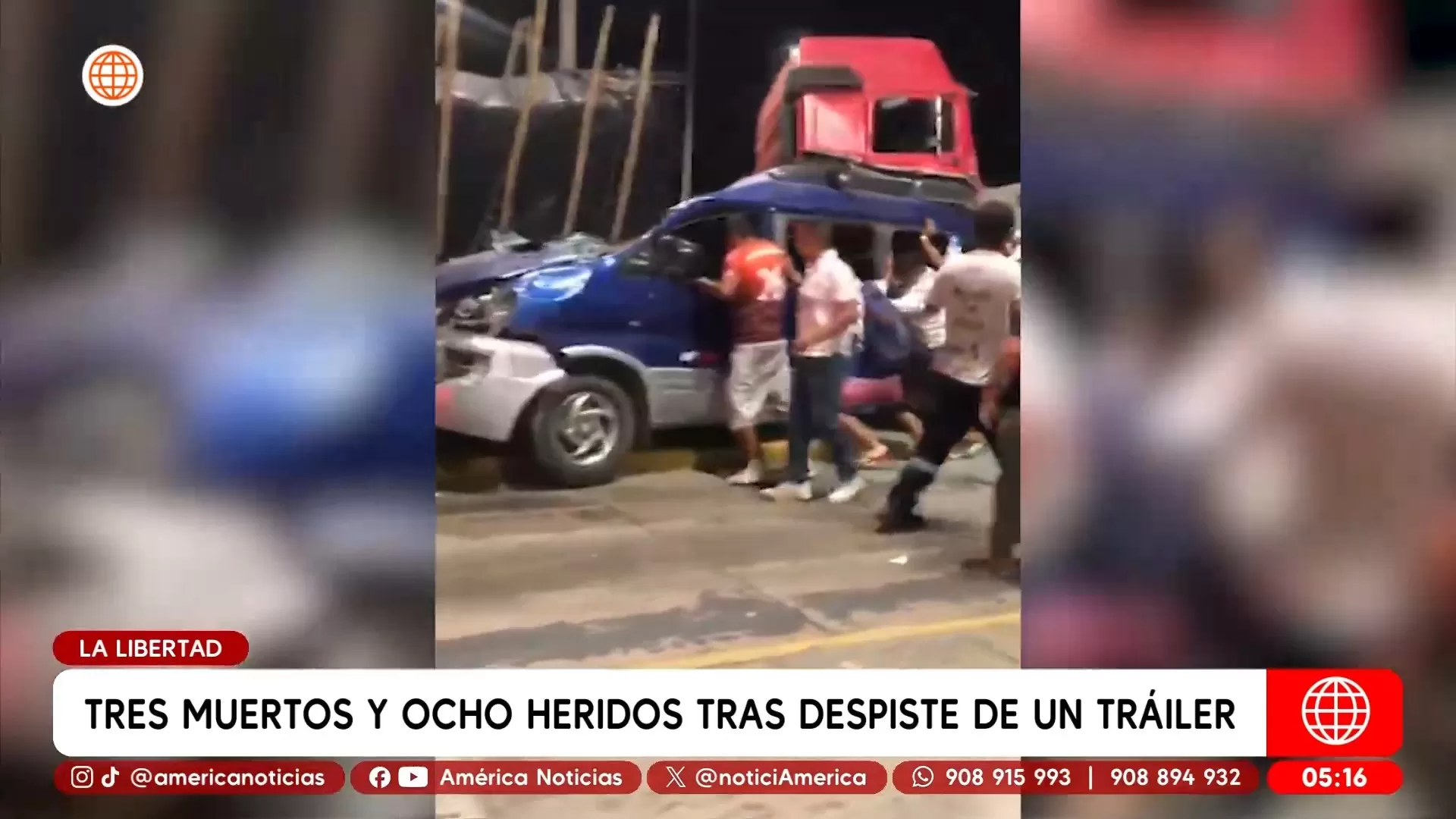 Tres muertos y ocho heridos tras despiste de tráiler en La Libertad. Foto: América Noticias Tres muertos y ocho heridos tras despiste de tráiler en La Libertad. Foto: América Noticias