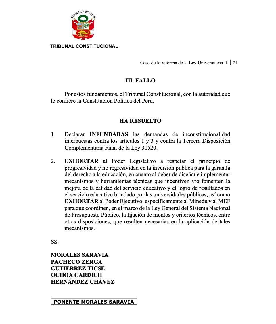 El Tribunal Constitucional rechazó la demanda de inconstitucionalidad contra la reforma universitaria