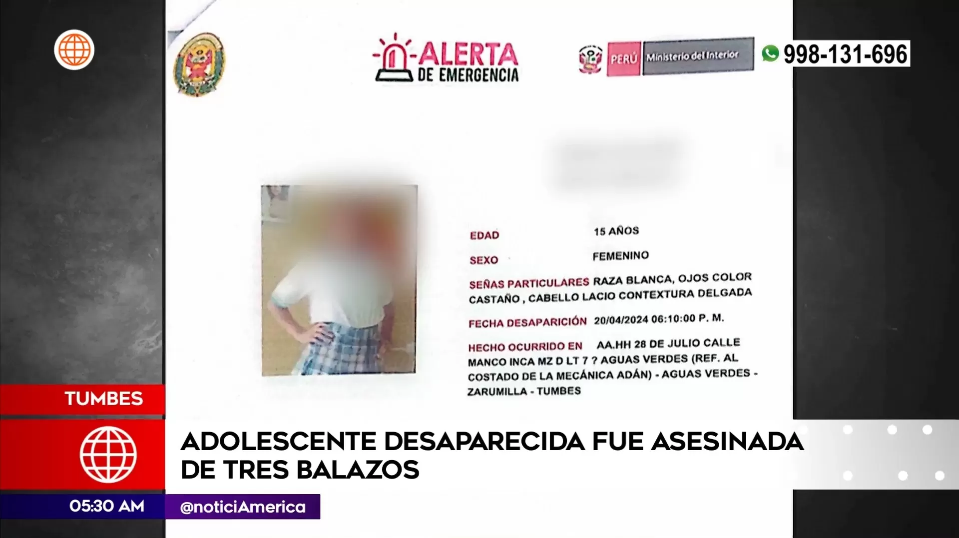 Adolescente asesinada en Tumbes. Foto: América Noticias