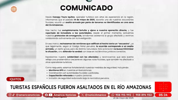 Turistas españoles fueron asaltados en el río Amazonas en Iquitos. Foto: América Noticias