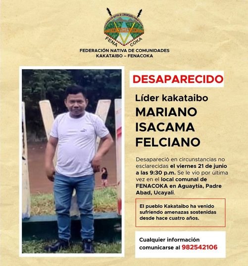 Ucayali: Hallan muerto a líder indígena desaparecido por 22 días