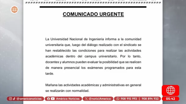 UNI anuncia clases tras protesta de trabajadores. Foto: América Noticias