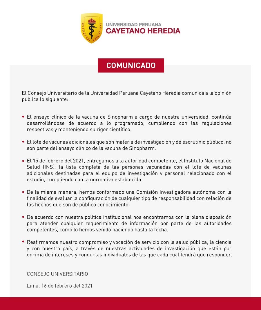 Universidad Cayetano Heredia anunció conformación de comisión investigadora autónoma