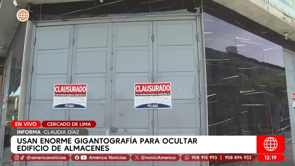 Usan enorme gigantografía para ocultar edificio de almacenes en el Cercado de Lima. Foto: América Noticias Usan enorme gigantografía para ocultar edificio de almacenes en el Cercado de Lima. Foto: América Noticias