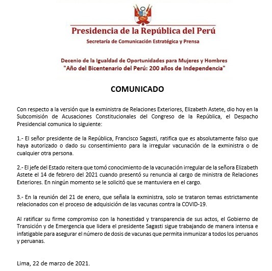 VacunaGate: Despacho Presidencial ratificó que Sagasti no autorizó la irregular vacunación de Astete