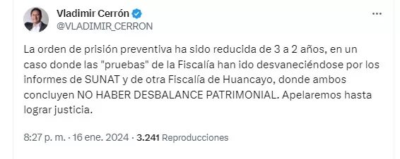 Vladimir Cerrón anunció que continuará apelando decisión judicial - Foto: @VLADIMIR_CERRON