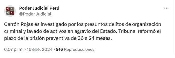 Poder Judicial confirmó reducción de prisión preventiva a favor de Vladimir Cerrón - Foto: PJ