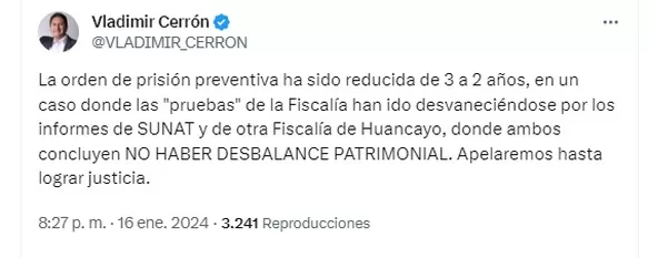 Vladimir Cerrón anunció que continuará apelando decisión judicial - Foto: @VLADIMIR_CERRON