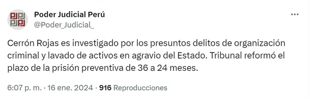 Poder Judicial confirmó reducción de prisión preventiva a favor de Vladimir Cerrón - Foto: PJ