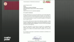 El vocero Ernesto Zunini solicitó formalmente iniciar un proceso disciplinario contra el diputado Julián Pérez Mallqui. Video: Cuarto Poder