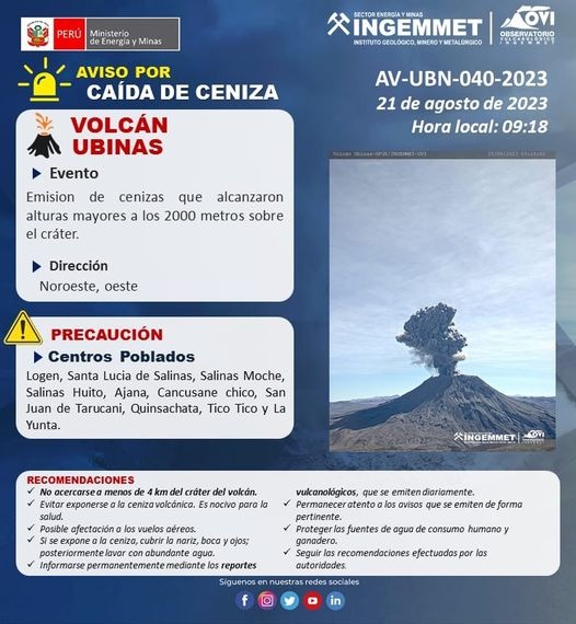 Volcán Ubinas registró la explosión más fuerte hasta el momento con emisión de cenizas