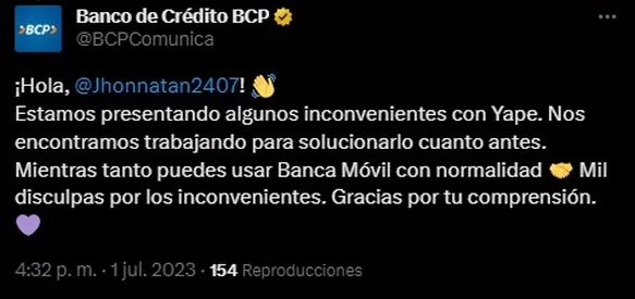 Yape: BCP se pronuncia tras caída de su billetera electrónica