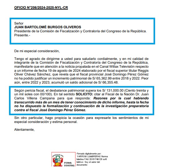 Yarrow pide que Fiscal de la Nación sea citado al Congreso