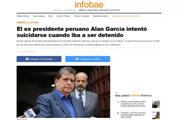 Alan García: medios internacionales informaron así sobre la muerte del expresidente
