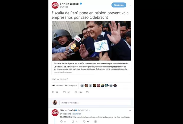 Alan García exige disculpas a CNN por poner su foto en esta nota sobre el caso Odebrecht