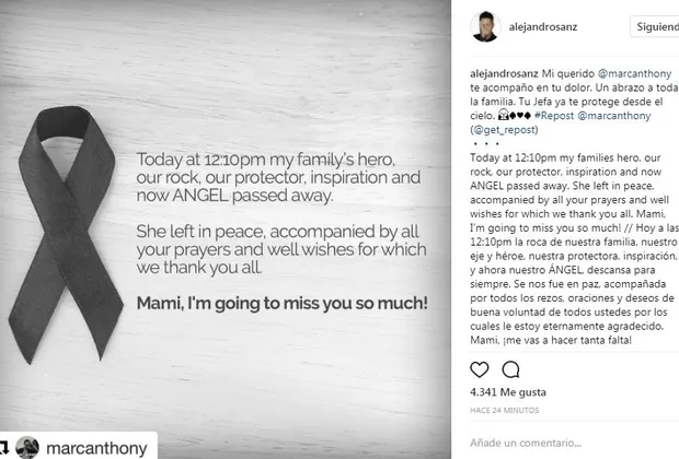 Alejandro Sanz dedicó mensaje de apoyo a Marc Anthony tras la muerte de su madre