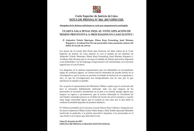 Alejandro Toledo: dejan al voto el pedido para anular prisión por caso Ecoteva