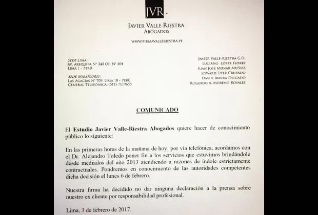Alejandro Toledo: estudio Valle-Riestra ya no estará a cargo de su defensa