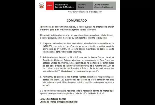 Alejandro Toledo se encontraría en Estados Unidos, señala la PCM
