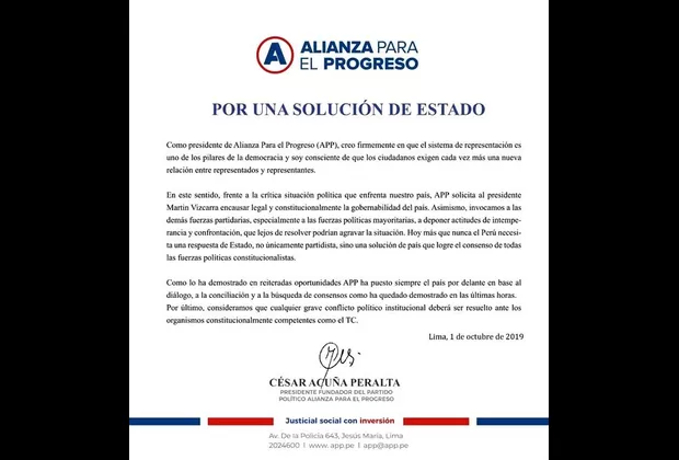 Alianza para el Progreso pide a Vizcarra