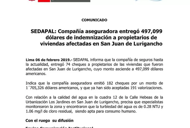 Aniego en SJL: aseguradora entregó US$ 497,099 de indemnización, precisa Sedapal