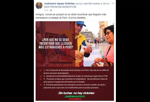 Apaza afirma que no debe motivarse llegada de extranjeros para trabajar en Perú