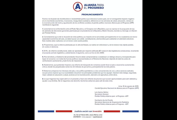 APP se mostró a favor del adelanto de elecciones, pero sin recurrir al referéndum 