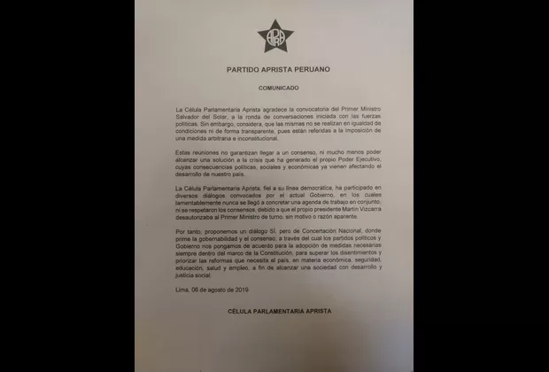 Apra sobre diálogo con Del Solar: Reuniones no garantizan llegar a un consenso