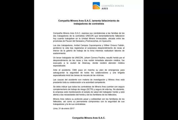 Ayacucho: minera se pronunció tras el fallecimiento de trabajadores en derrumbe