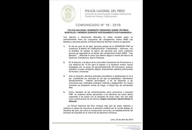 Las Bambas: PNP desmintió versiones sobre fallecidos y heridos en Challhuahuacho