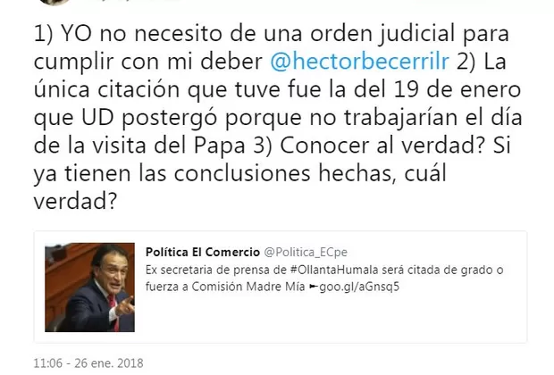 Comisión Madre Mía citará de grado o fuerza a exsecretaria de prensa de Humala