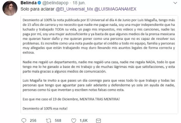 Belinda enfureció con periodista que la acusó de ser 'mantenida' por Criss Angel