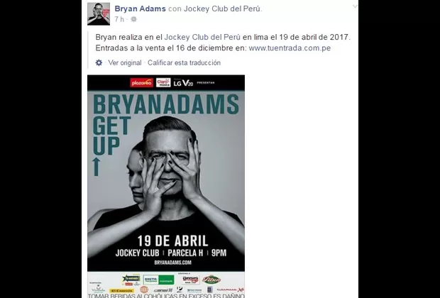 Bryan Adams regresa al Perú con ‘Get up’