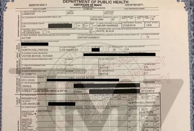 Cameron Boyce acta de defunción