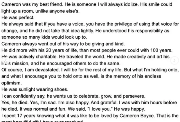 Cameron Boyce: su hermana Maya se despide del actor a pocos días de su muerte