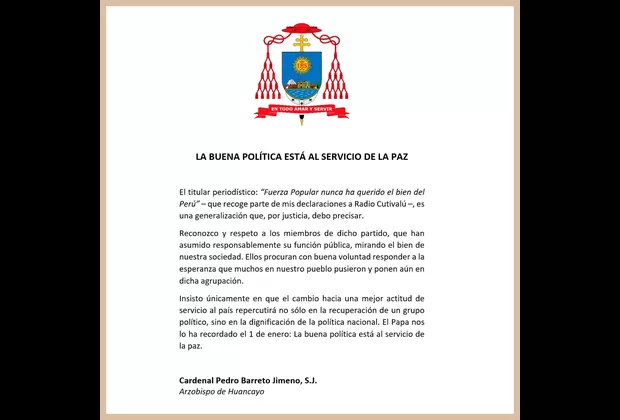 Cardenal Barreto precisa sus declaraciones sobre Fuerza Popular