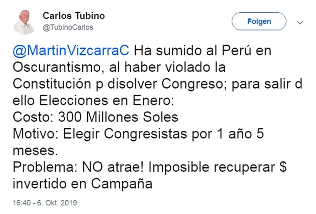 Carlos Tubino: ¿qué contiene el tuit que borró sobre elecciones del 2020?