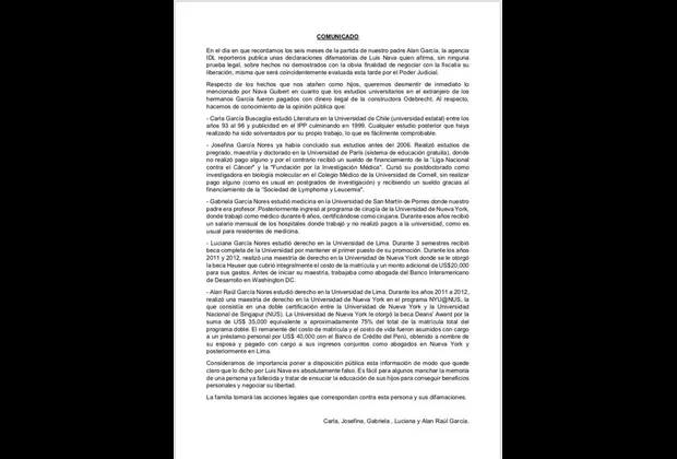 Caso Alan García: hijos del ex presidente tomarán acciones legales contra Luis Nava