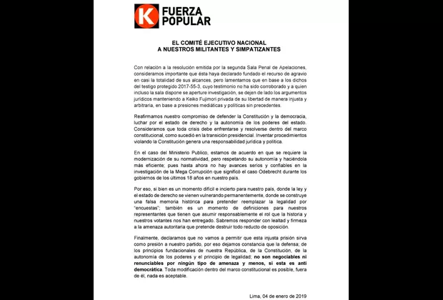 Caso Keiko Fujimori: CEN de Fuerza Popular se pronunció sobre prisión preventiva