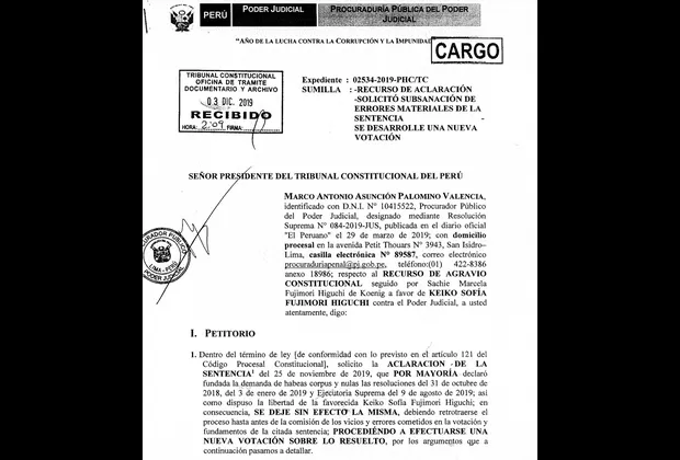 Caso Keiko Fujimori: Procurador del Poder Judicial solicitó al TC aclaración de sentencia