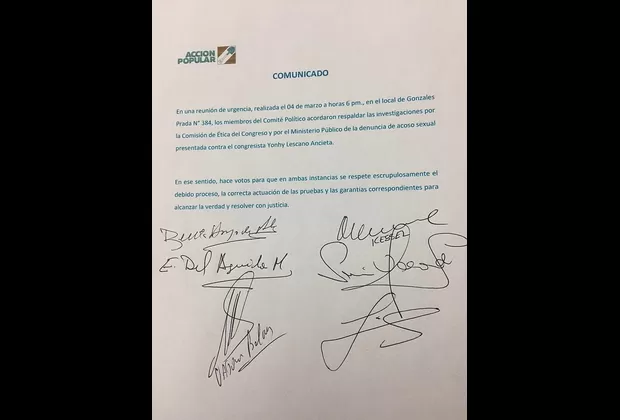 Caso Lescano: partido Acción Popular respalda investigaciones por acoso sexual