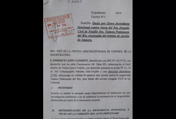 Salaverry: presentan queja contra jueza por presuntas irregularidades en acción de amparo