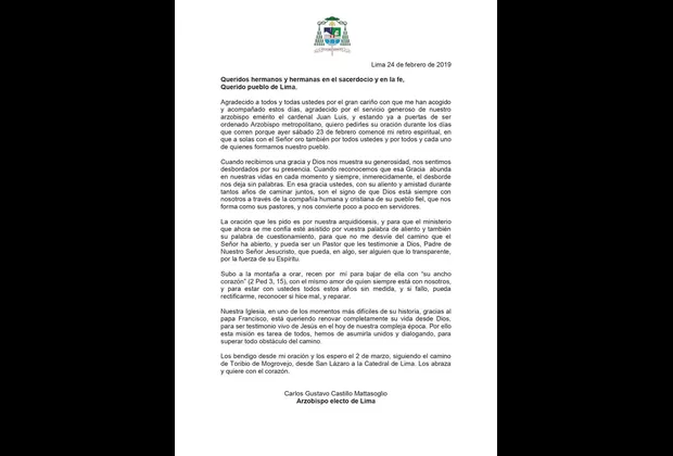 Castillo Mattasoglio envía primera carta antes de recibir Ordenación Episcopal